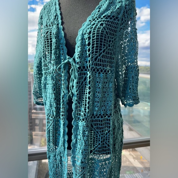 🆕 FARM Rio 🧿 NWOT Floral Crochet Tie Up Kimono, Teal - Sz M - Picture 13 of 16